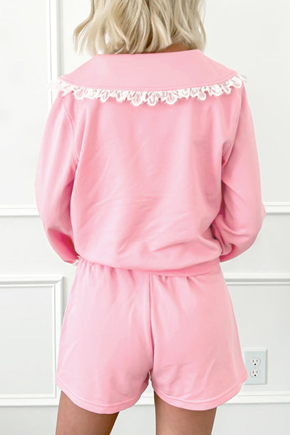 Pink Peter Pan Collar Pullover Lace Embellished Mini Skirt Set