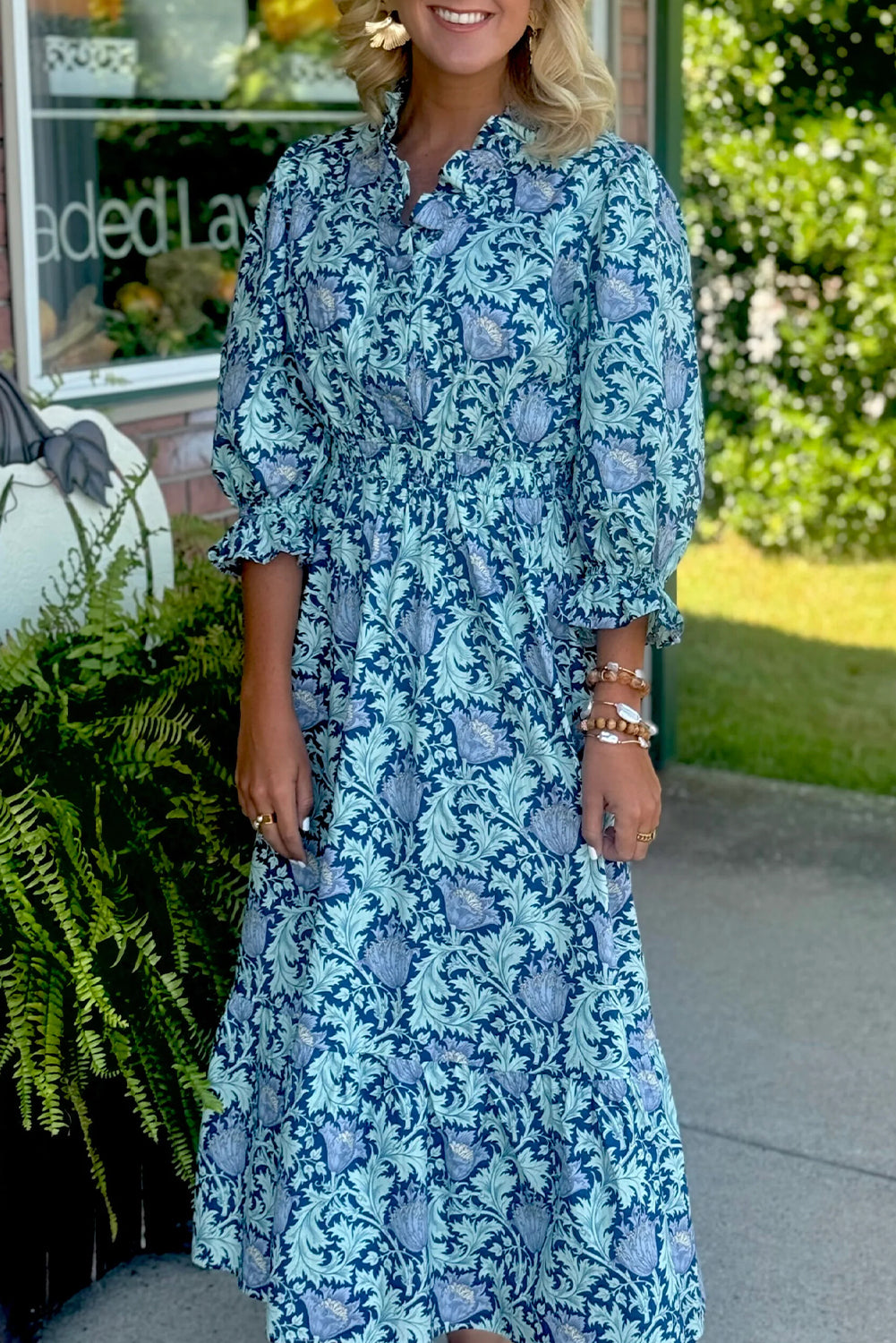 Brown Floral Printed Frilled V Neck Bracelet Sleeve Long Dress