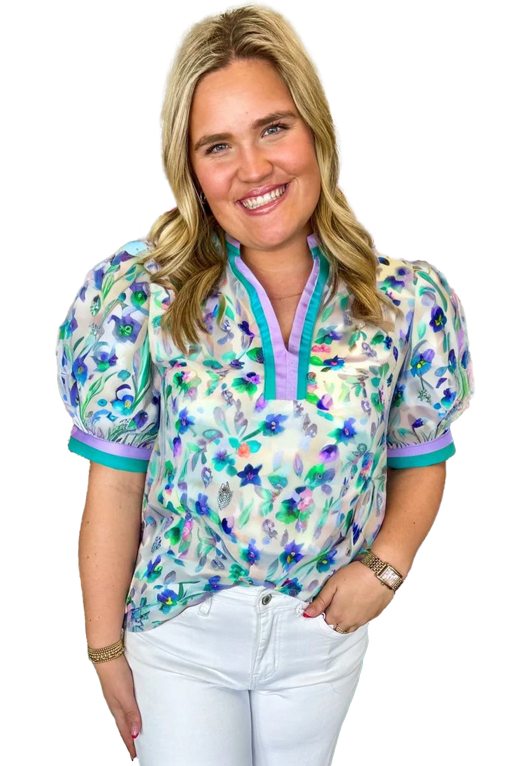 Green Floral Print Pop of Color Split Neck Puff Sleeve Plus Size Blouse