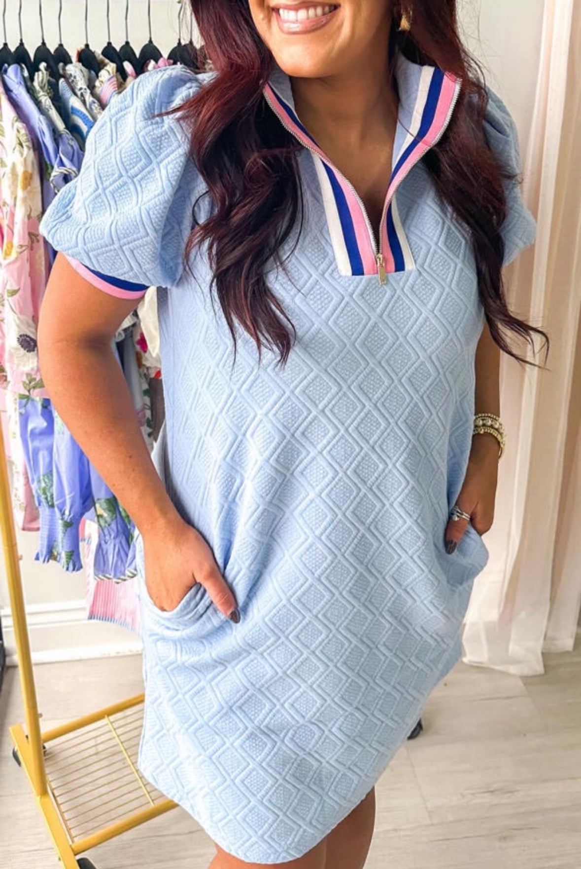 Textured Collared Beau Blue Mini Dress- Plus