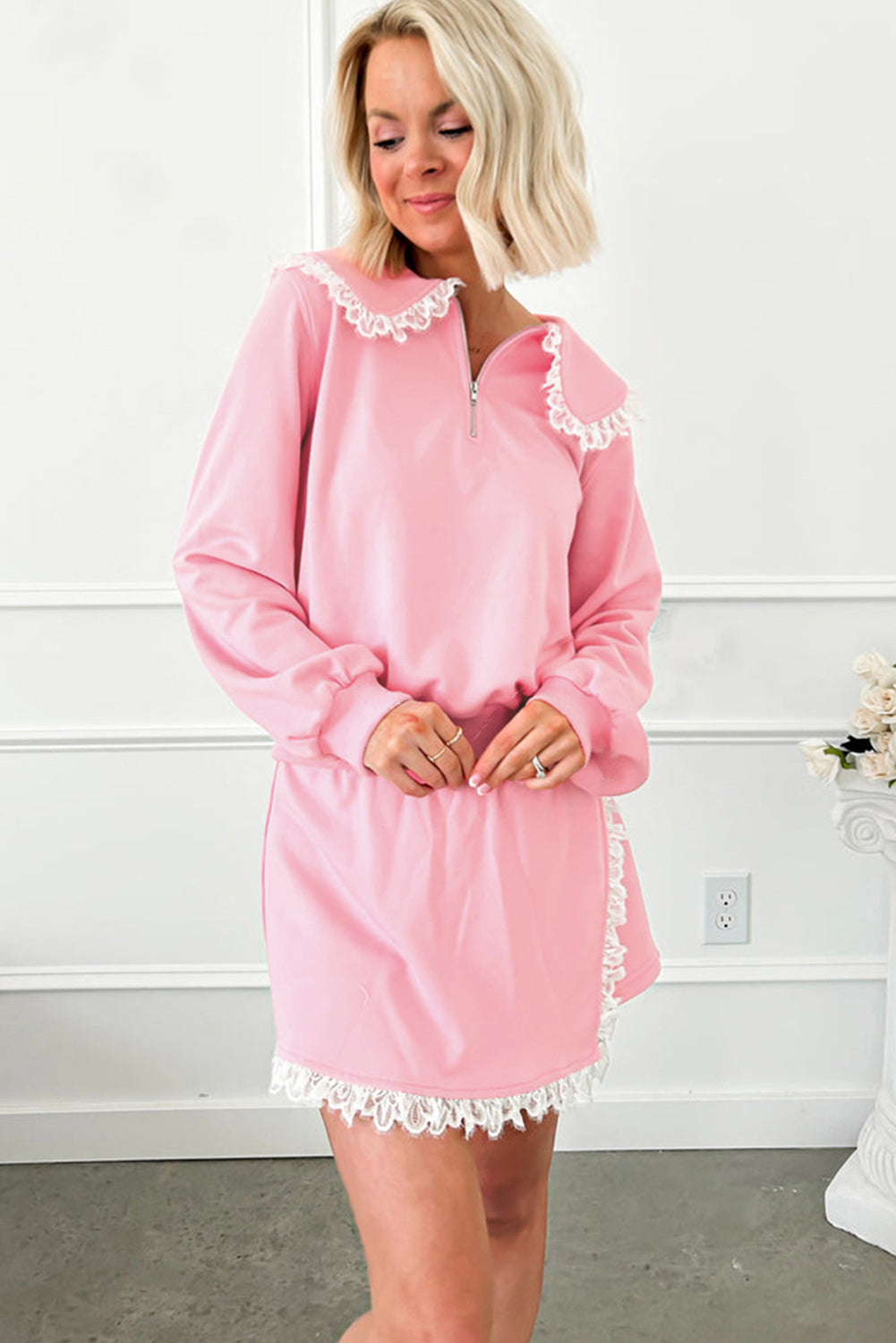 Pink Peter Pan Collar Pullover Lace Embellished Mini Skirt Set