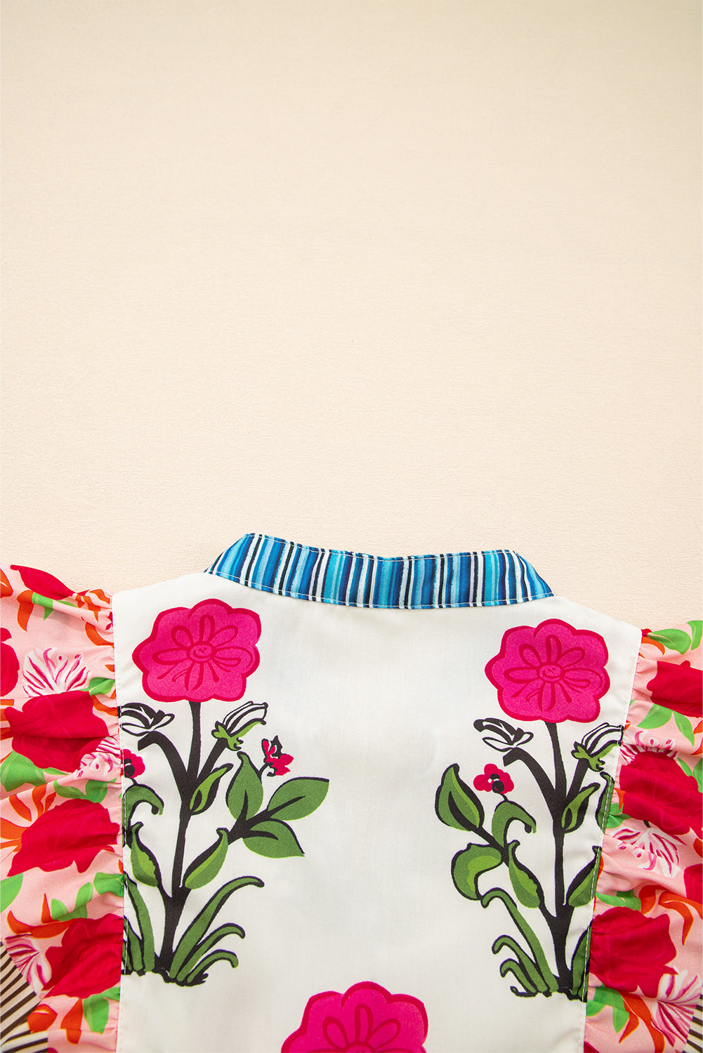 Pink Floral Print Striped Patchwork Flutter Sleeve Blouse