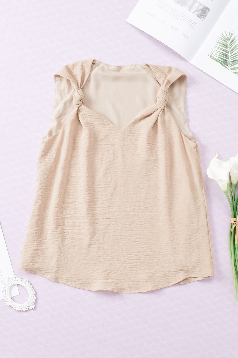 Black V Neck Knotted Shoulder Sleeveless Shirt