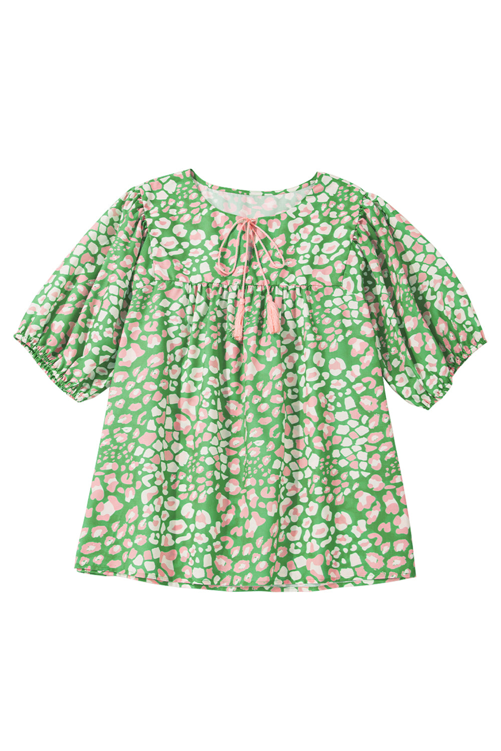 Green Plus Size Leopard Tassel Tie Split Neck Puff Sleeve Blouse