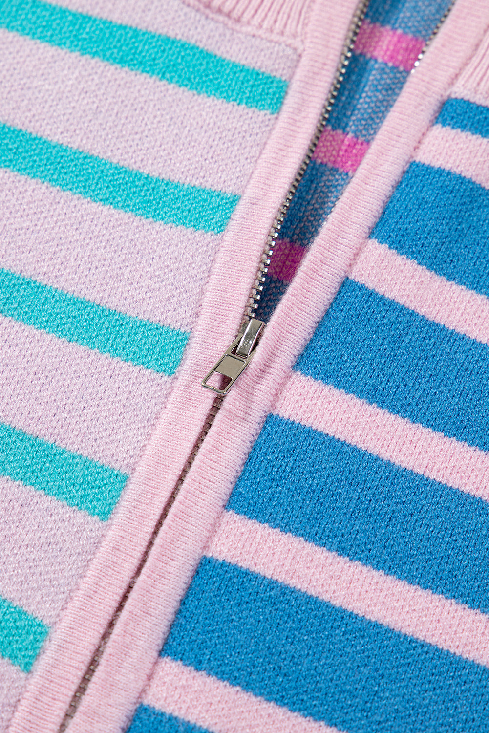 Sky Blue Stripe Colorblock Patchwork Plus Size Zip Collar Sweater