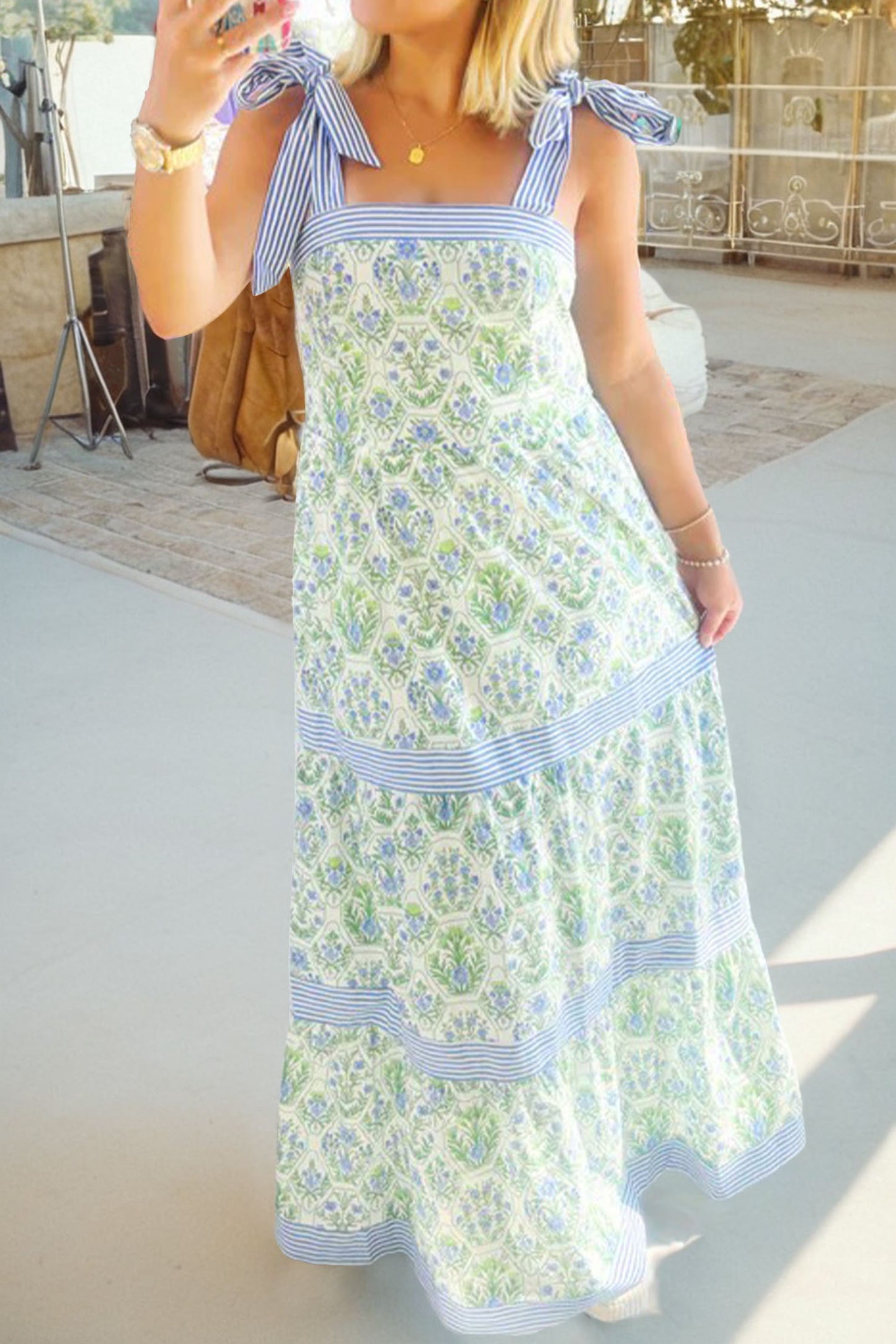 Pink Geometric Floral Print Striped Patchwork Detail Sleeveless Dress
