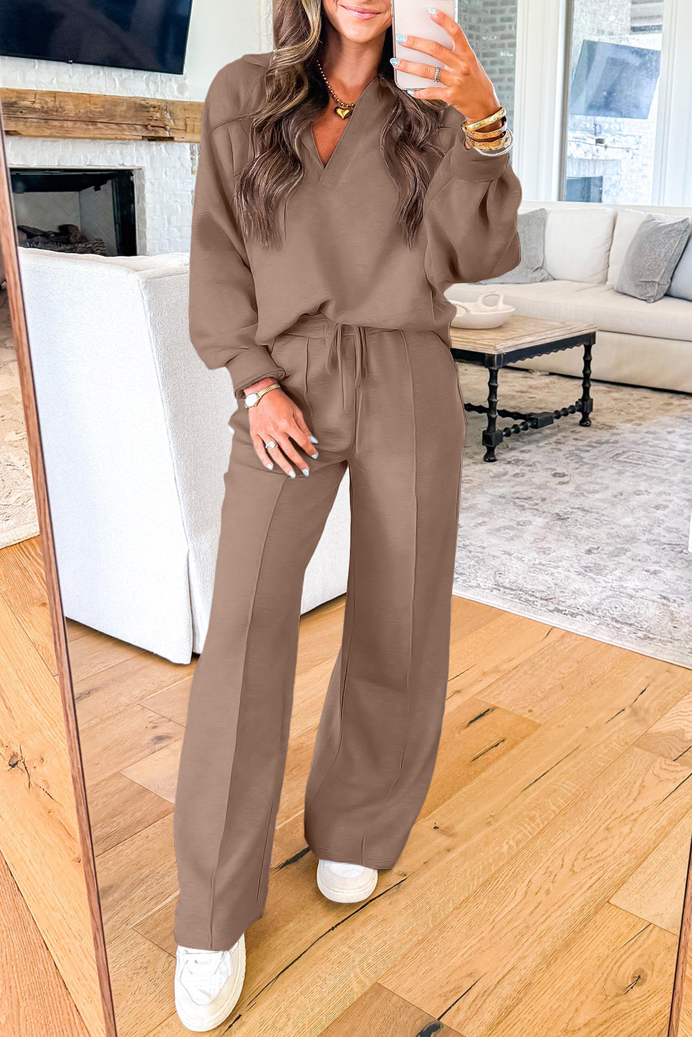 Light Grey Polo Collar V Neck Pullover and Drawstring Sweatpants Set