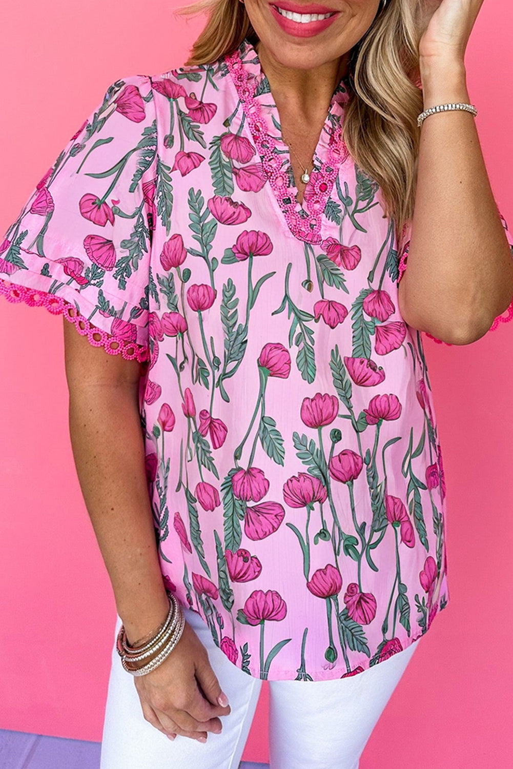 Pink Floral Print Lace Detail Frill V Neck Blouse