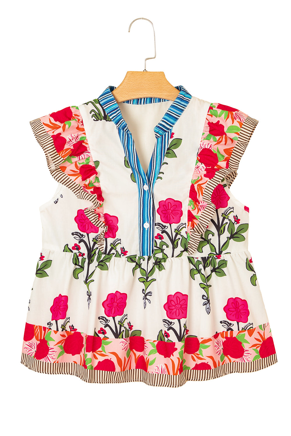 Pink Floral Print Striped Patchwork Flutter Sleeve Blouse
