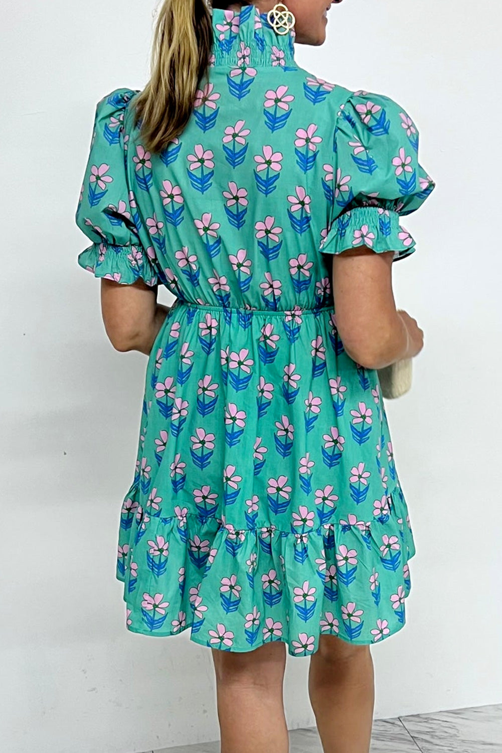 Green Floral Print Frilly Smocked High Waist Mini Dress
