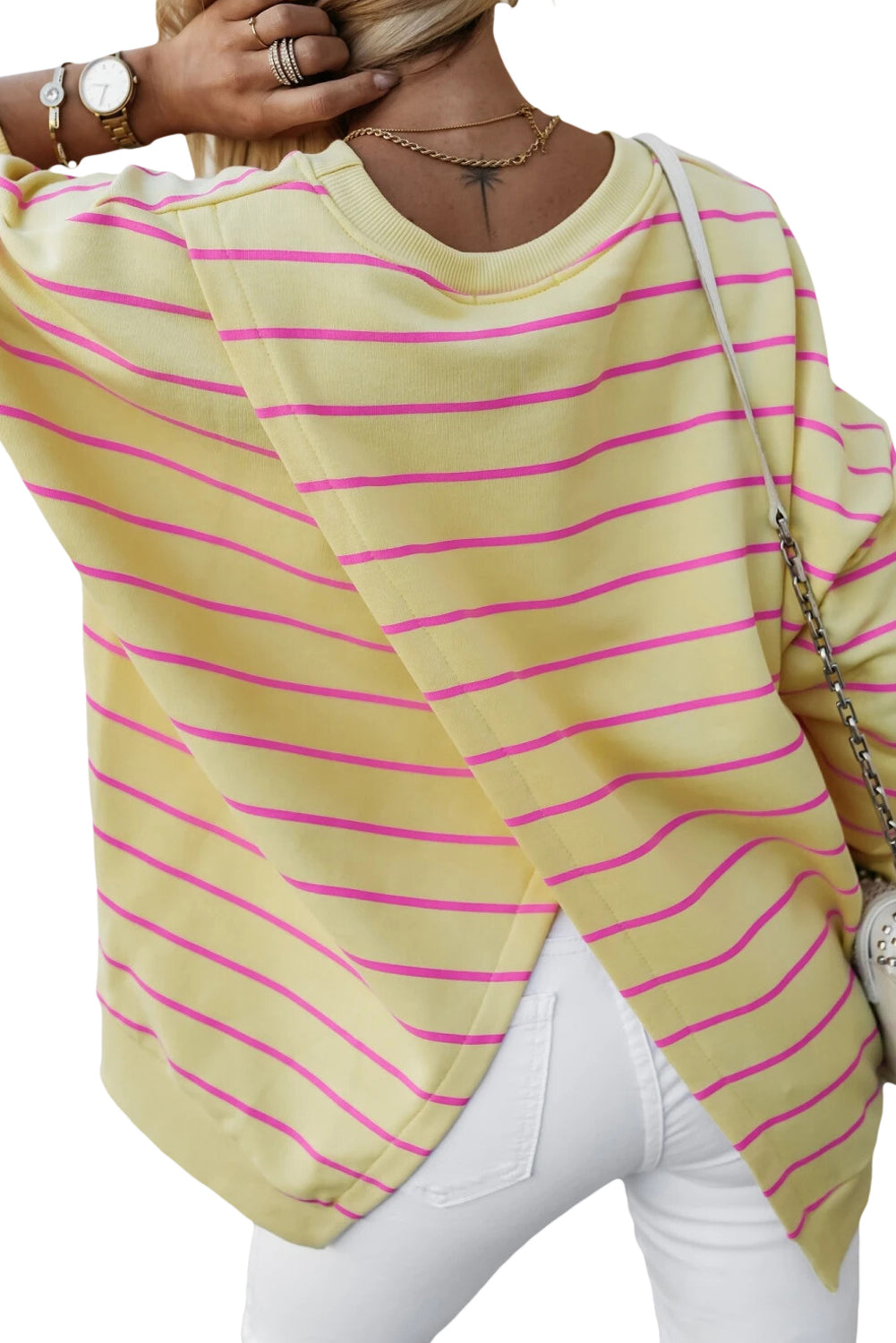 Blue Striped Overlap Detail Drop Shoulder Pullover Sweatshirt