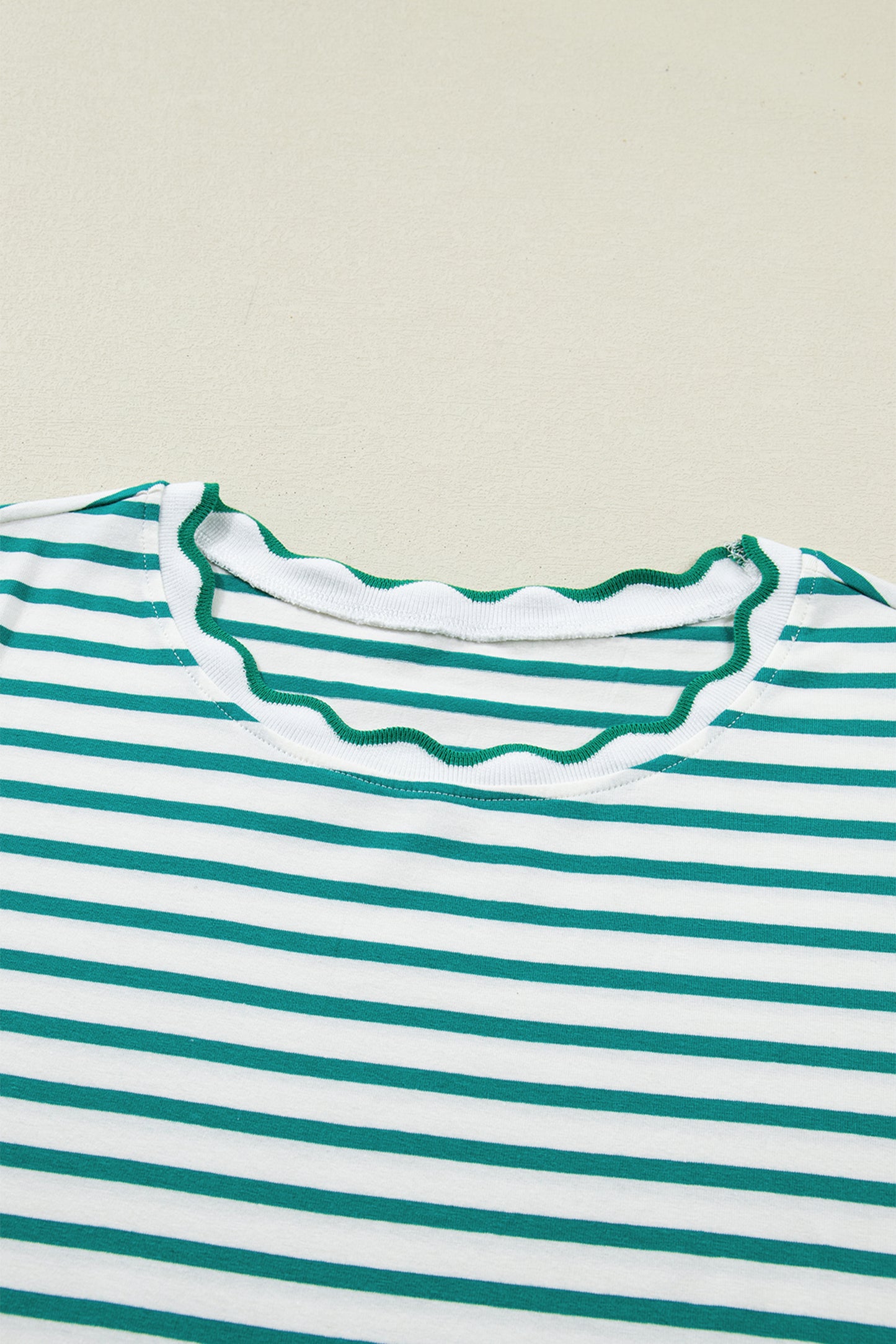 Red Stripe Scalloped Trim Round Neck T Shirt