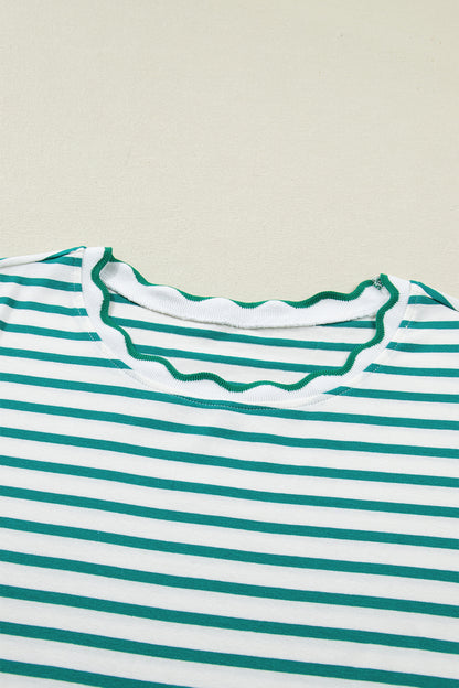 Red Stripe Scalloped Trim Round Neck T Shirt