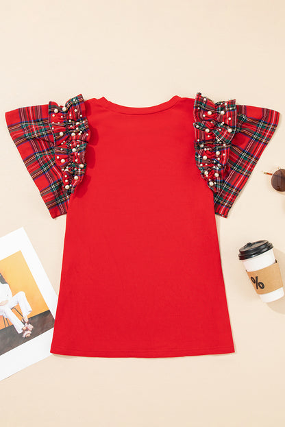 Racing Red Pearl Plaid Ruffle Sleeve Loose T Shirt