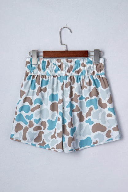 Green Camouflage Print Shirred High Waist Athleisure Shorts