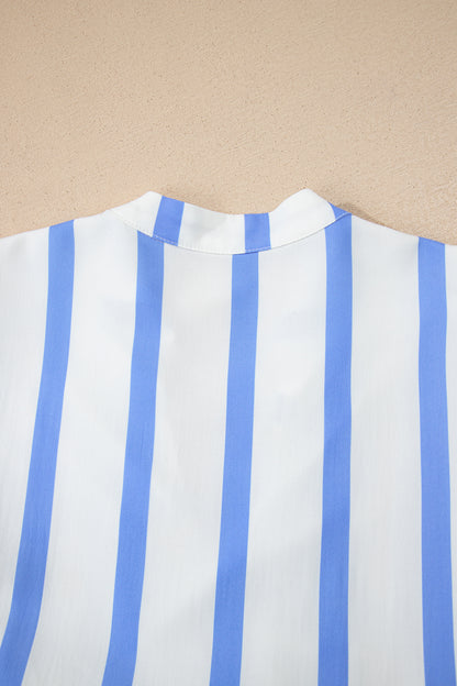 Sky Blue Stripe Ricrac Trim Notched Neck Half Sleeve Vacation Dress