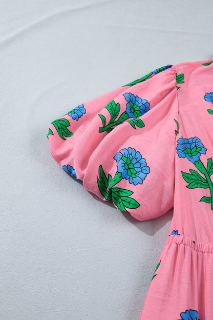 Pink Plus Size Striped V Neck Ruffled Floral Long Dress