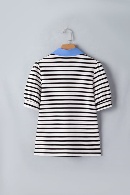 Black Stripe Short Puff Sleeve Color Block Polo Collar Blouse