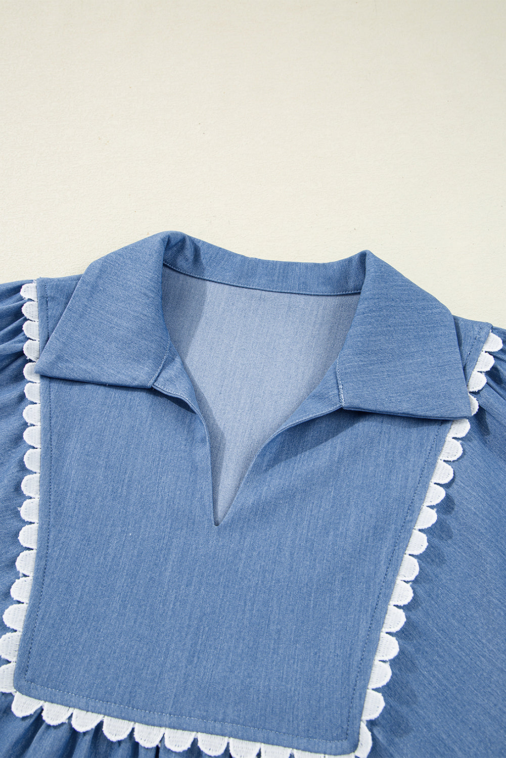 Dusk Blue Scallop Trim Puff Sleeve Collared Babydoll Blouse