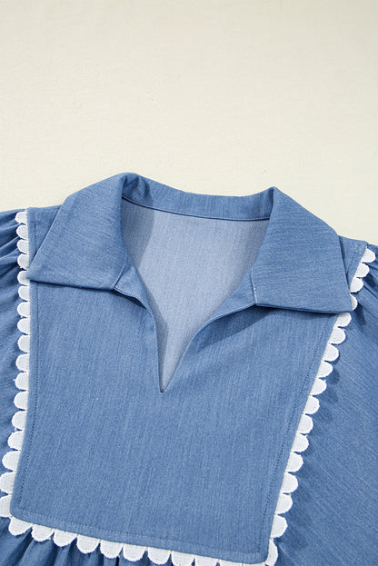 Dusk Blue Scallop Trim Puff Sleeve Collared Babydoll Blouse