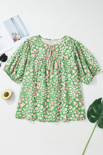 Green Plus Size Leopard Tassel Tie Split Neck Puff Sleeve Blouse
