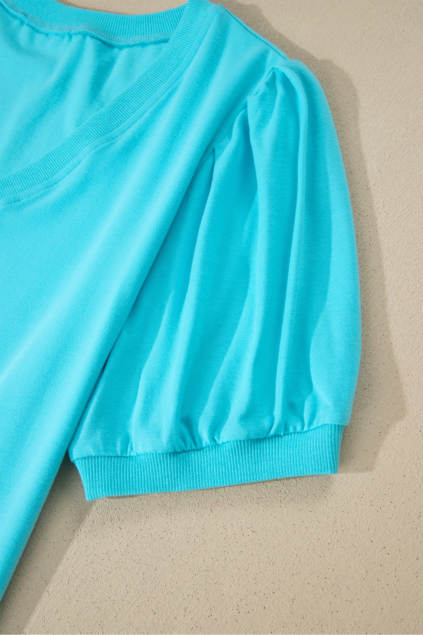 Yellow Solid Color V Neck Short Puff Sleeve Blouse