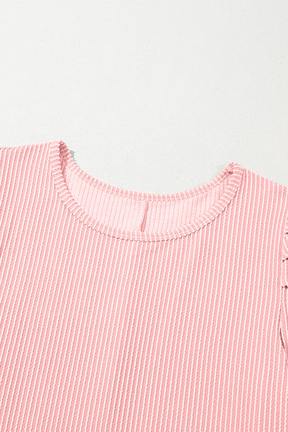 Parchment Corded Crew Neck Puff Sleeve Mini Dress