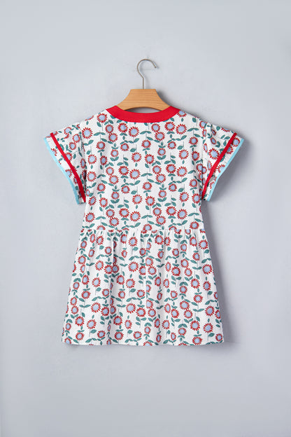 Green Sunflower Printed Contrast Trim V Neck Flutter Sleeve Blouse
