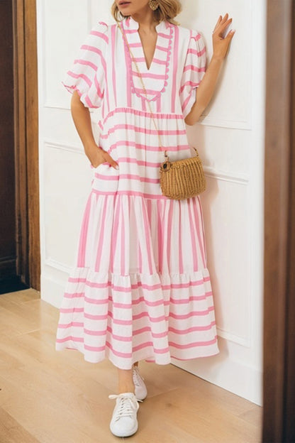 Sky Blue Stripe Ricrac Trim Notched Neck Half Sleeve Vacation Dress