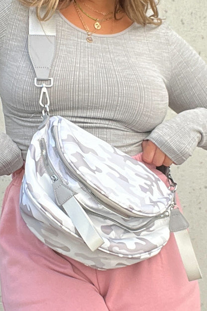 White Camouflage Print Double Zipper Crossbody Bag