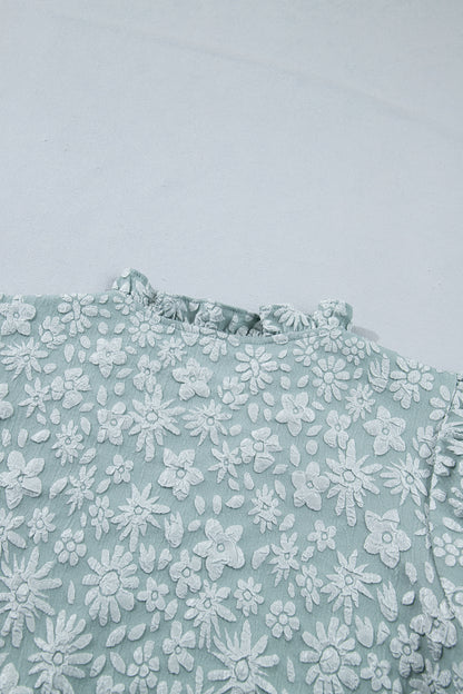 Apricot Pink Floral Textured Jacquard Puff Sleeve Blouse