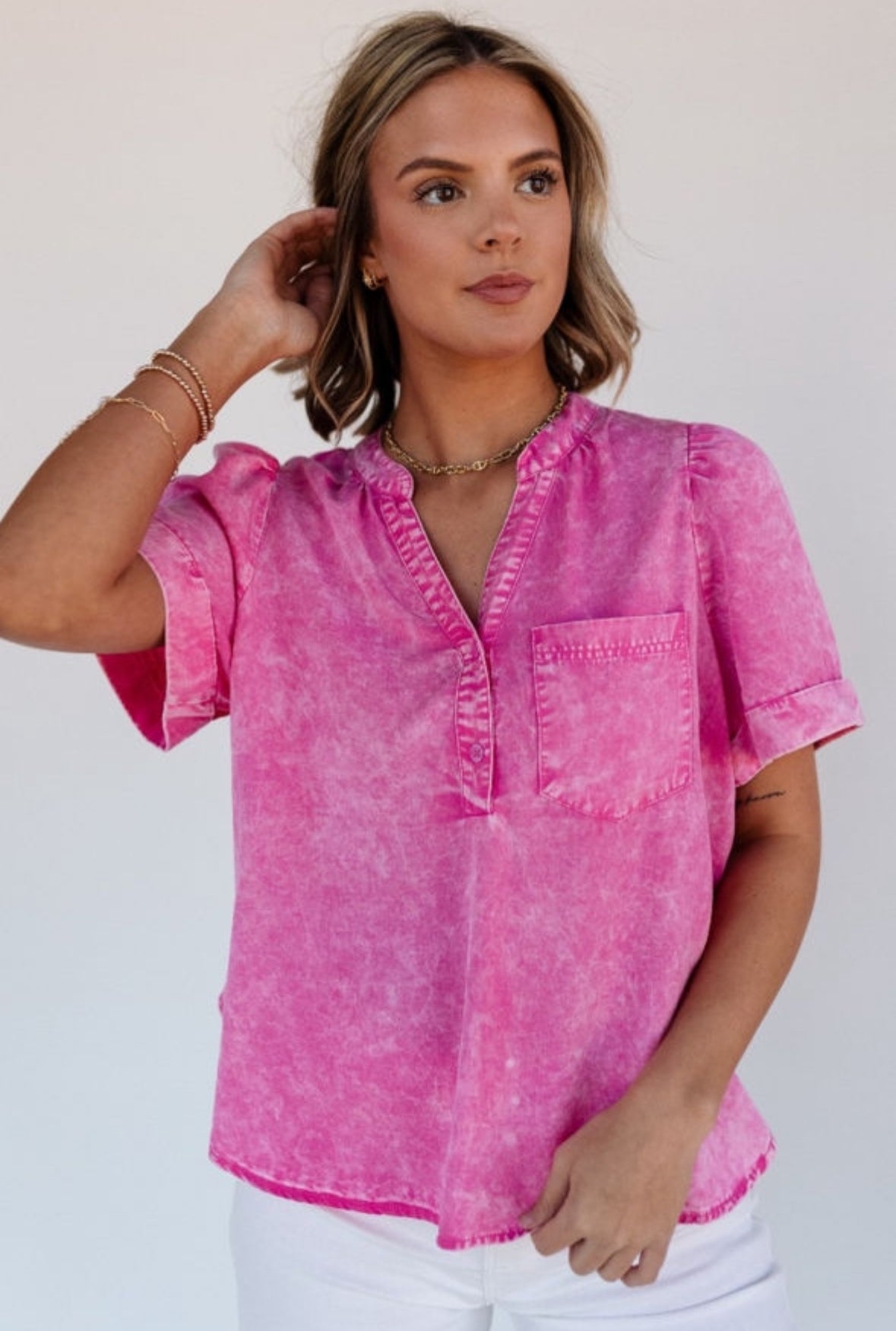 Mineral Wash Split Neck Blouse