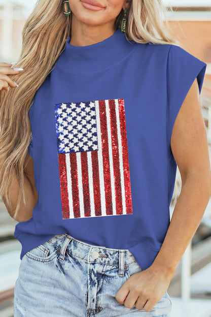 Sky Blue Sequin American Flag High Neck Short Sleeve Top