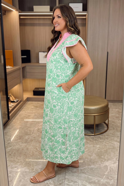 Green Plus Size Contrast Trim Flutter Sleeve Floral Kaftan Maxi Dress