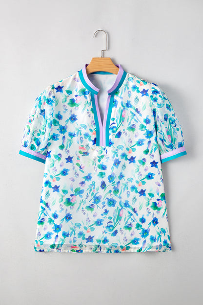 Green Floral Print Pop of Color Split Neck Puff Sleeve Plus Size Blouse