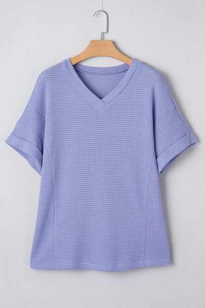 Strawberry Pink Waffle V Neck Short Sleeve Knit Top