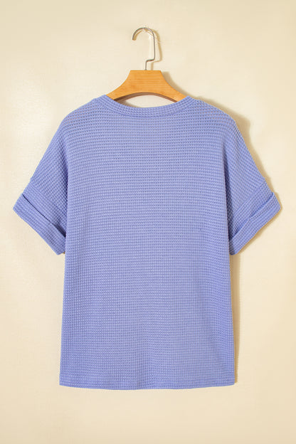 Strawberry Pink Waffle V Neck Short Sleeve Knit Top