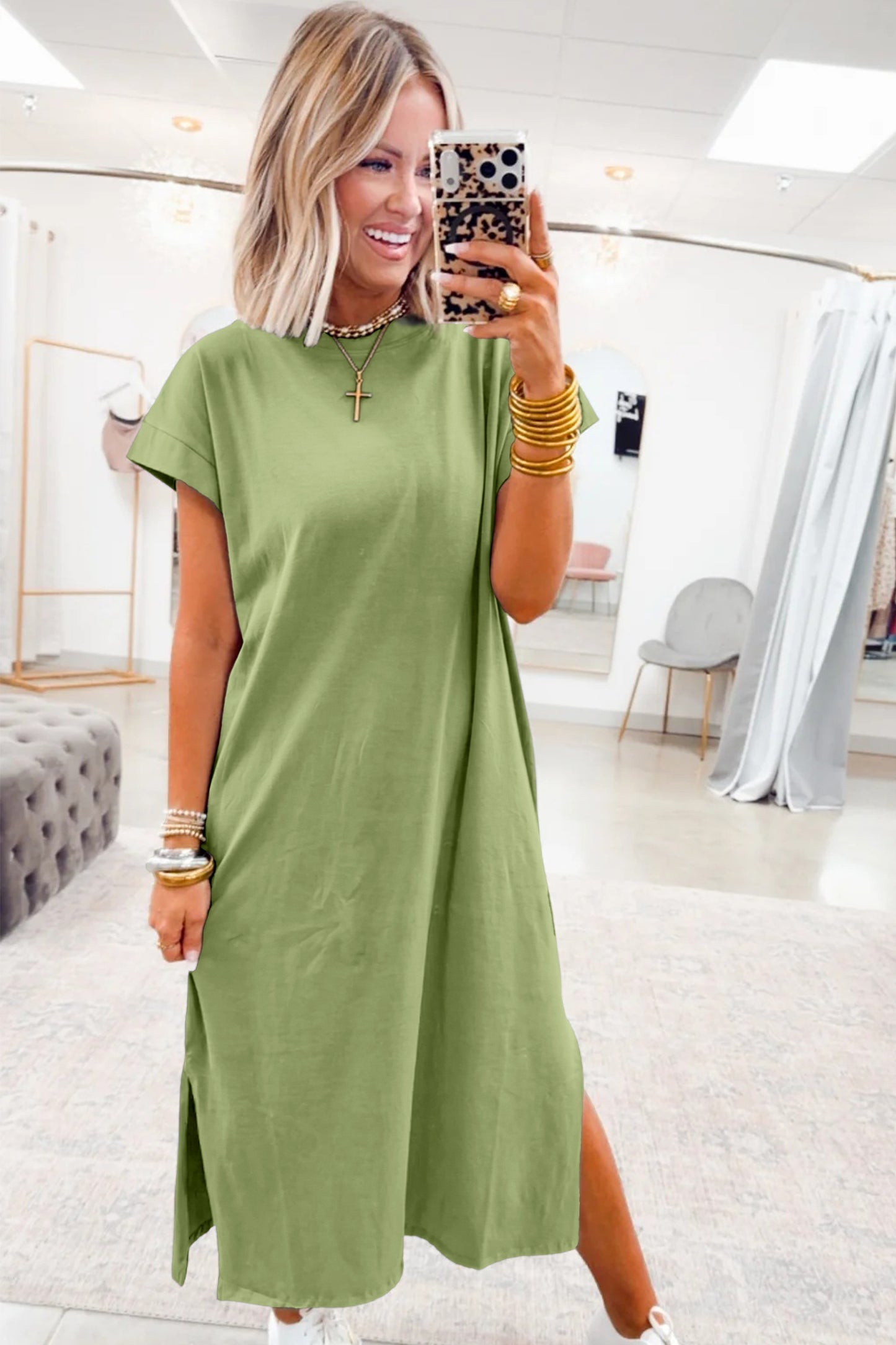 Red Sandalwood Solid Color Long T Shirt Dress with Slits