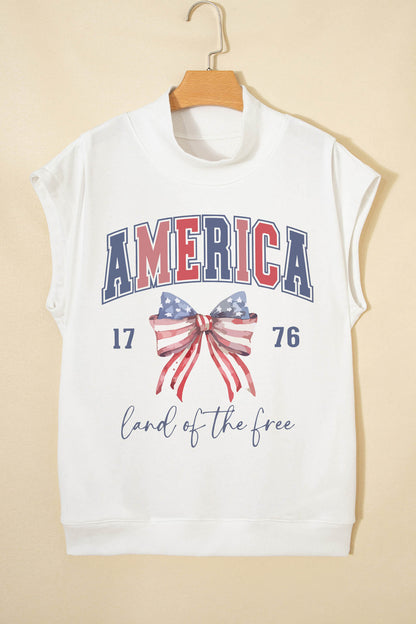 White Patriotic Slogan America Flag Print Mock Neck Tee