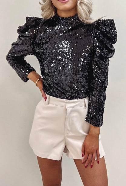 Ruched Puff Sleeve Sequin Top