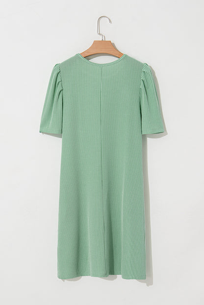 Parchment Corded Crew Neck Puff Sleeve Mini Dress