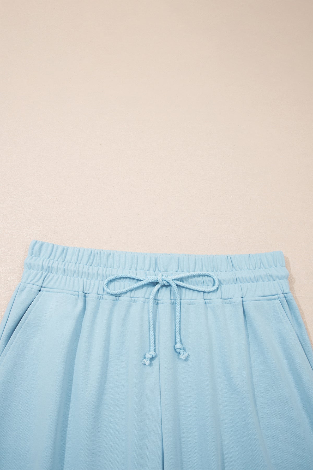 Clearly Aqua Solid Color Ribbed Trim Short Sleeve Top Drawstring Loose Pants 2pcs Outfit