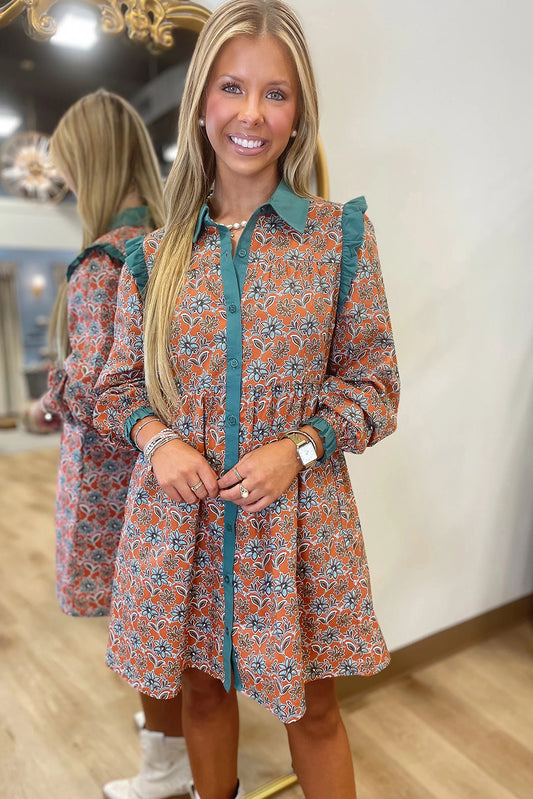 Orange Boho Floral Contrast Collared Shirt Mini Dress