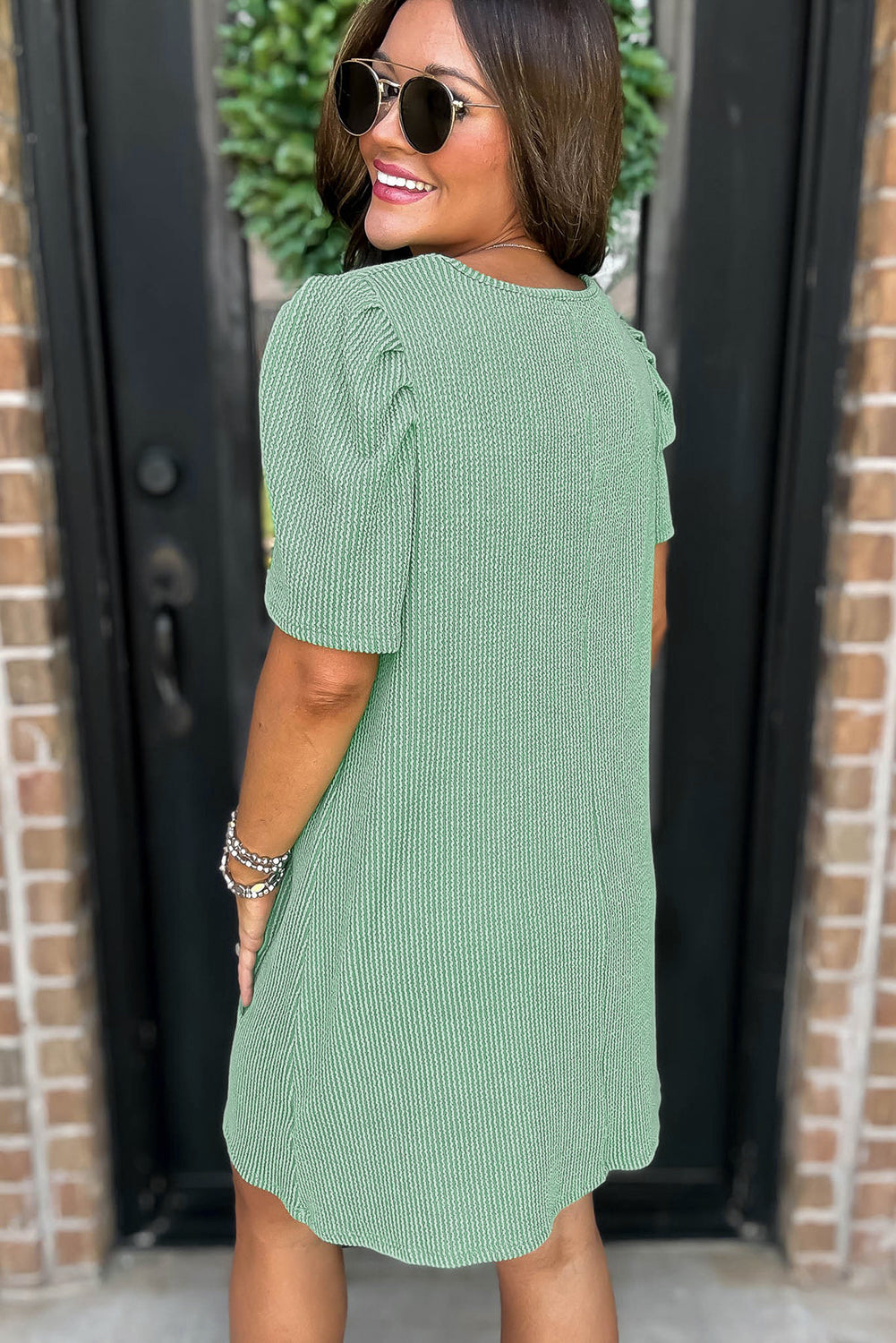 Parchment Corded Crew Neck Puff Sleeve Mini Dress