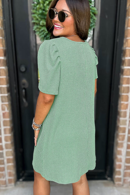 Parchment Corded Crew Neck Puff Sleeve Mini Dress