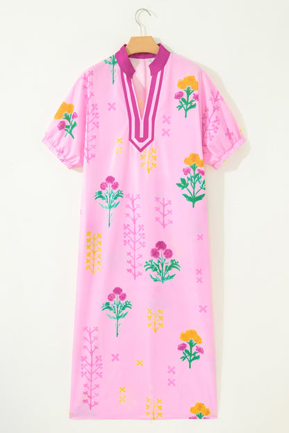 Pink Floral Print Short Sleeve Colorblcok Trim V Neck Midi Dress