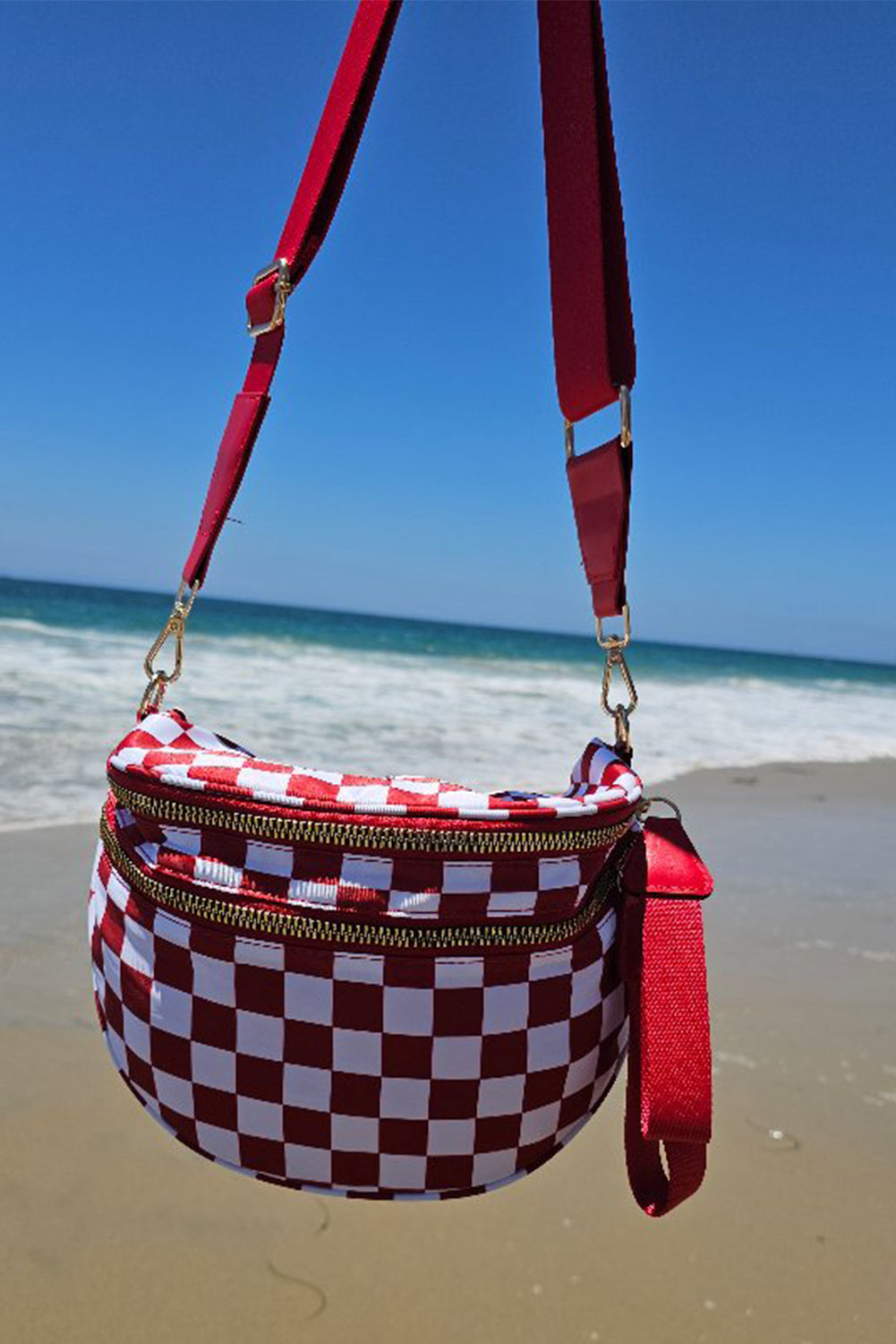 Pink Checkered Print Wide Strap Large Crossbody Bag