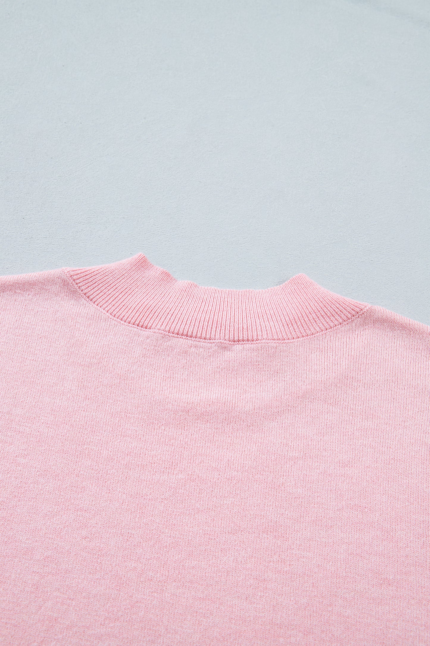 Pink Stand Neck Contrast Wavy Trim Short Sleeve Sweater