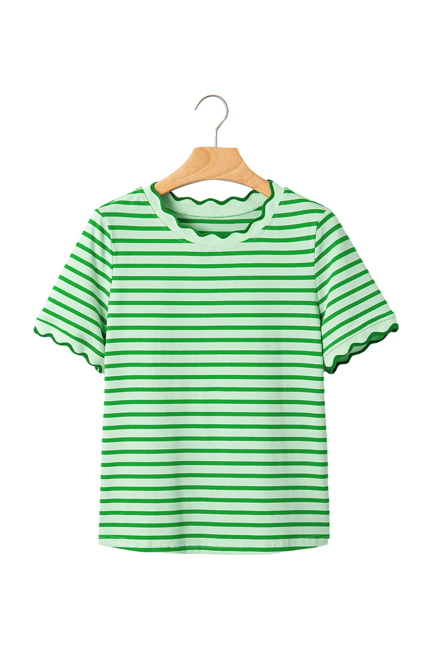 Red Stripe Scalloped Trim Round Neck T Shirt