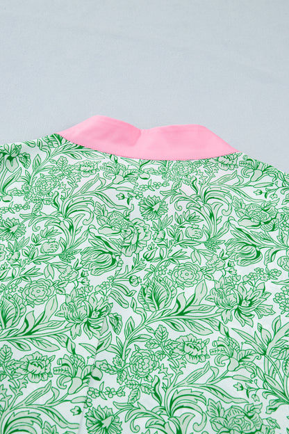 Green Plus Size Contrast Trim Flutter Sleeve Floral Kaftan Maxi Dress